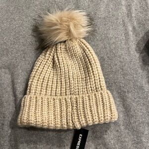 Express Sparkly Beige Knit Pom-Pom Hat
